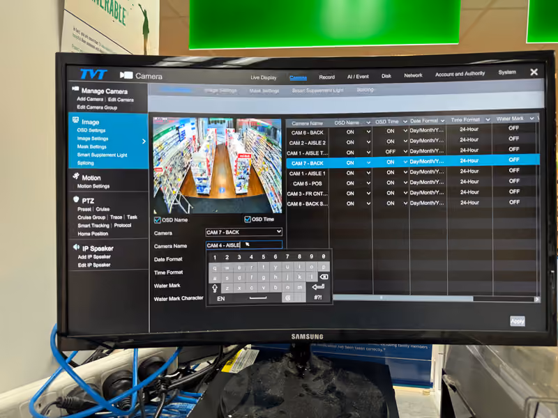 8-camera CCTV upgrade for a pharmacy, with custom zone and detection setup.